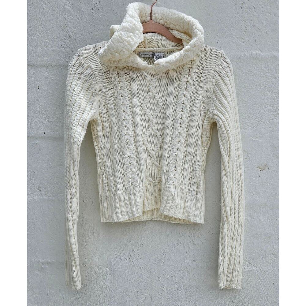 Vintage Y2K Sweater Womens Juniors Large Ivory Cable Knit Sherpa Lined Hoodie